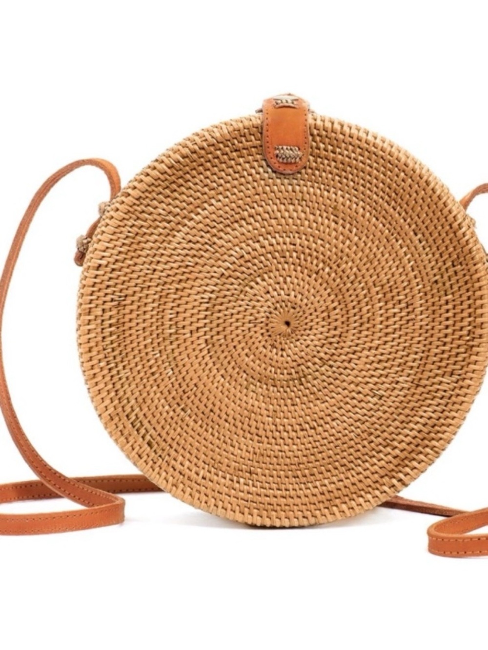 Amerii Rattan Round Woven Crossbody Bag in Tan with Leather Trim